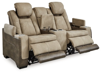 Ashley Furniture Next-Gen DuraPella Power Reclining Loveseat with Console, shown in an open angle with plush upholstery.