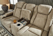 Ashley Furniture Next-Gen DuraPella Power Reclining Loveseat with Console, featuring plush upholstery and built-in armrest storage.
