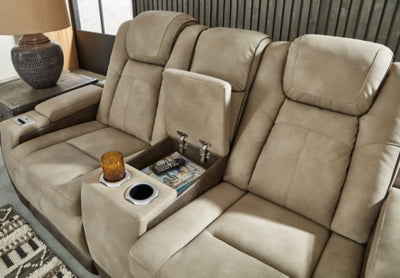 Ashley Furniture Next-Gen DuraPella Power Reclining Loveseat with Console, featuring plush upholstery and built-in armrest storage.