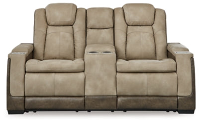 Ashley Furniture Next-Gen DuraPella Power Reclining Loveseat with console, showing plush, reclining seats with built-in cup holders.