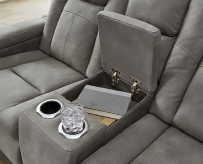 Ashley Furniture Next-Gen DuraPella power reclining loveseat with built-in console and plush cushioning for comfortable seating.