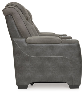 Ashley Furniture Next-Gen DuraPella power reclining loveseat with side console, featuring plush cushions and modern design.