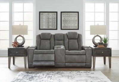 Ashley Furniture Next-Gen DuraPella power reclining loveseat with console, featuring plush cushions and built-in cup holders.