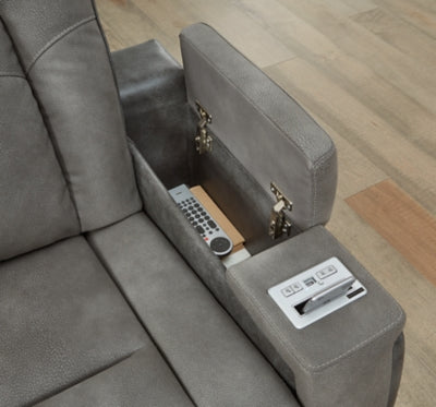 Ashley Furniture Next-Gen DuraPella Power Recliner with storage arm and plush cushioning for comfortable relaxation.