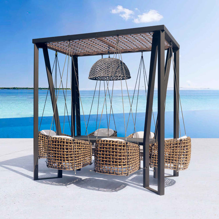 Horizon 8FT Pergola with Lamp, Dynasty Hanging Chairs & Aluminum Table