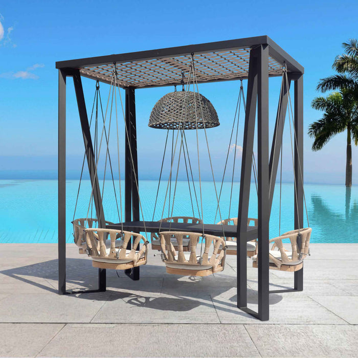 Horizon 8FT Pergola with Lamp, Krabi Hanging Chairs & Aluminum Table