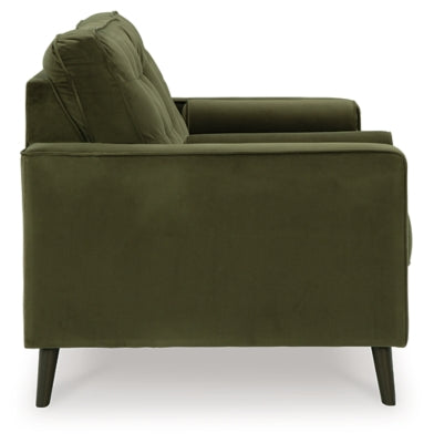 Ashley Furniture Reveon Lakes loveseat showing plush beige fabric, cushioned armrests, and stylish design.