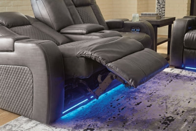 Ashley Furniture Fyne-Dyme Power Reclining Loveseat with Console, gray fabric, plush cushions and built-in cup holders.