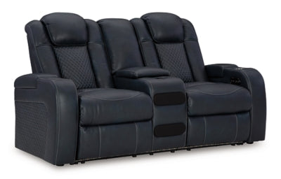 Ashley Furniture Fyne-Dyme power reclining loveseat with built-in console, shown in a closed position from an angled view.