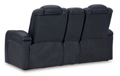 Ashley Furniture Fyne-Dyme power reclining loveseat with built-in console, featuring plush upholstery and comfortable seating.