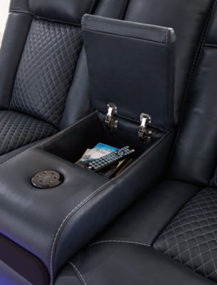 Ashley Furniture Fyne-Dyme Power Reclining Loveseat with Console, showing plush fabric, reclining mechanism, and built-in center console.