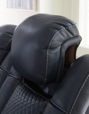 Ashley Furniture Fyne-Dyme Power Reclining Loveseat with Console, featuring plush upholstery and built-in cupholders.