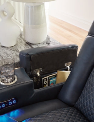 Ashley Furniture Fyne-Dyme power reclining loveseat with console, featuring plush fabric, armrest storage, and comfortable seating.