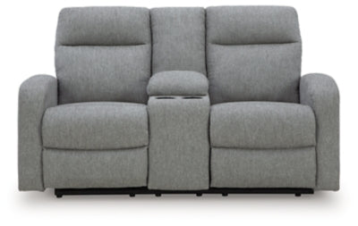 Ashley Furniture Gauntlet reclining loveseat with built-in console, featuring plush fabric and padded armrests for comfort.