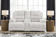 Ashley Furniture Rhines Falls power reclining loveseat with console, featuring plush upholstery and built-in cup holders.