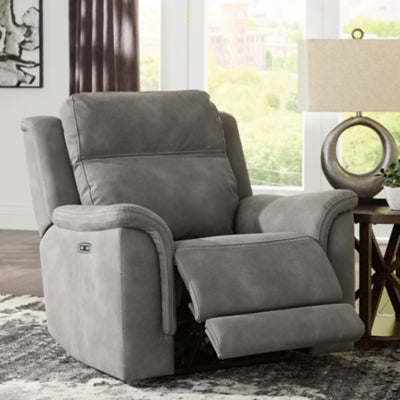 Open Next-Gen DuraPella power recliner by Ashley Furniture showing plush fabric upholstery and reclining mechanism.