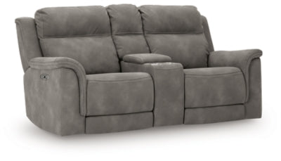 Ashley Furniture Next-Gen DuraPella power reclining loveseat with console, showing plush cushions and stylish design from an angled view.