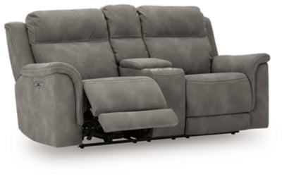 Ashley Furniture Next-Gen DuraPella Power Reclining Loveseat with Console, shown in an open angled view.