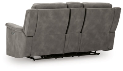 Ashley Furniture Next-Gen DuraPella power reclining loveseat with console, showing plush upholstery and built-in cup holders.