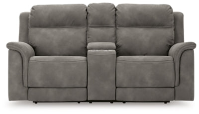 Ashley Furniture Next-Gen DuraPella power reclining loveseat with console, shown head-on view with plush cushions and modern design.