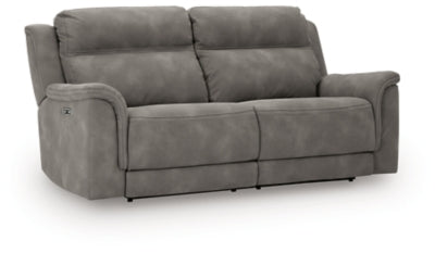 Ashley Furniture Next-Gen DuraPella Power Reclining Sofa, stylish sofa with plush cushions and reclining features, angled view.