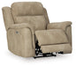 Ashley Furniture Next-Gen DuraPella power recliner shown from an angle with the reclined seat open and plush upholstery.
