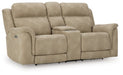 Ashley Furniture Next-Gen DuraPella power reclining loveseat with console, shown in a stylish, angled closed position.