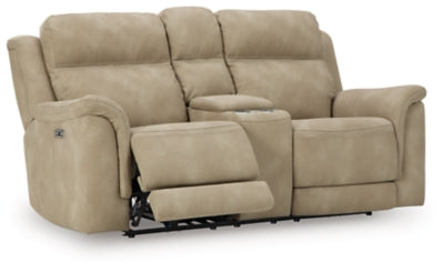 Ashley Furniture Next-Gen DuraPella power reclining loveseat with console, shown in an open angled view.