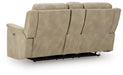 Ashley Furniture Next-Gen DuraPella power reclining loveseat with console, showing plush leather upholstery and built-in cup holders.