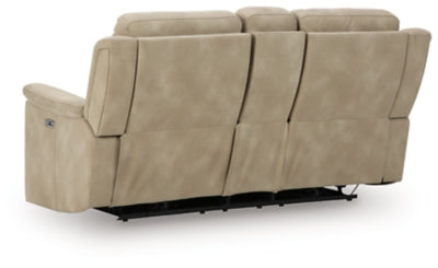 Ashley Furniture Next-Gen DuraPella power reclining loveseat with console, showing plush leather upholstery and built-in cup holders.