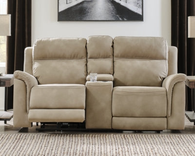 Ashley Furniture Next-Gen DuraPella Power Reclining Loveseat with console, featuring plush cushions and built-in cup holders.