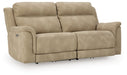Ashley Furniture Next-Gen DuraPella Power Reclining Sofa with plush cushions and leather upholstery, viewed from an angled closed position.
