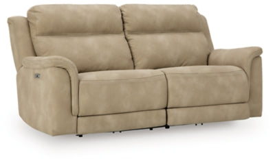 Ashley Furniture Next-Gen DuraPella Power Reclining Sofa with plush cushions and leather upholstery, viewed from an angled closed position.