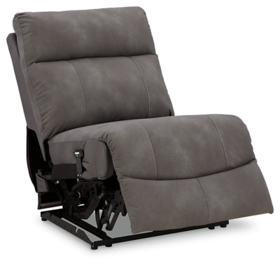 Ashley Furniture Next-Gen DuraPella power reclining sectional with plush cushions, open-angle view showing dark gray fabric upholstery.