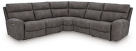 Ashley Furniture Next-Gen DuraPella power reclining sectional with plush fabric and multiple seating sections, closed view of reclining mechanism
