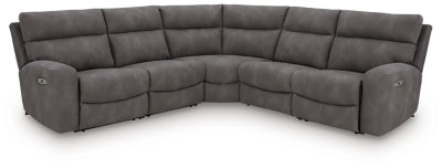 Ashley Furniture Next-Gen DuraPella power reclining sectional with plush fabric and multiple seating sections, closed view of reclining mechanism