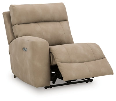 Ashley Furniture Next-Gen DuraPella Power Reclining Sectional viewed from an angle showing open seats and plush cushioning.
