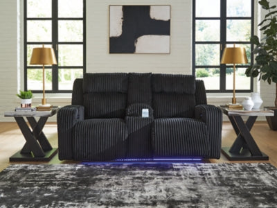 Ashley Furniture Forest Lake power reclining loveseat with console, featuring plush fabric and built-in cup holders.