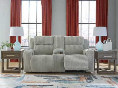 Ashley Furniture Forest Lake power reclining loveseat with console, featuring plush upholstery and built-in cup holders.