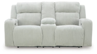Ashley Furniture Forest Lake power reclining loveseat with console, shown in LED-off head-on view, featuring plush cushions and built-in cup holders.