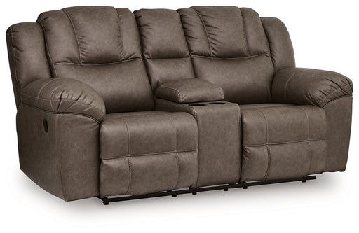 Ashley Furniture Lowilla reclining loveseat with built-in console, shown in a closed position from an angle.
