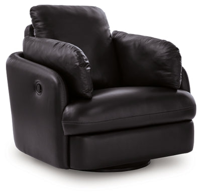 Ashley Furniture Modmax II swivel glider recliner in beige fabric, shown from an angle with closed recline position.