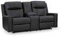Ashley Furniture Mackmenville reclining loveseat with console, shown from an angled view, featuring plush fabric and built-in cupholders.