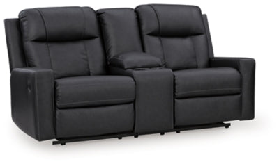 Ashley Furniture Mackmenville reclining loveseat with console, shown from an angled view, featuring plush fabric and built-in cupholders.