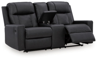 Ashley Furniture Mackmenville reclining loveseat with console, shown open with plush cushions and side console for storage and comfort.