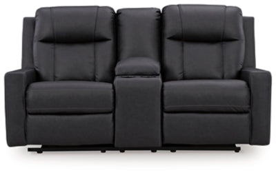 Ashley Furniture Mackmenville reclining loveseat with built-in console, featuring plush cushions and a sleek design.