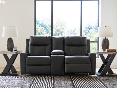 Open Ashley Furniture Mackmenville reclining loveseat with built-in console, plush fabric, and padded armrests for comfortable seating.