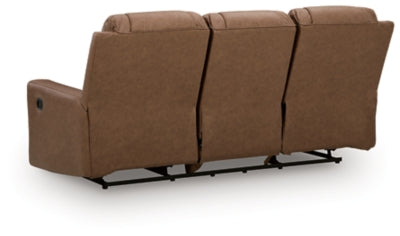 Ashley Furniture Mackmenville reclining sofa with plush cushions and dark fabric upholstery, shown from the back.