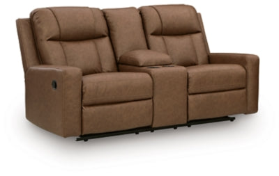 Ashley Furniture Mackmenville reclining loveseat with console, shown from an angled view in a closed position.