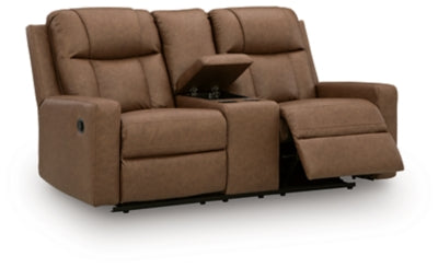 Ashley Furniture Mackmenville reclining loveseat with console, shown in an open position from an angled view